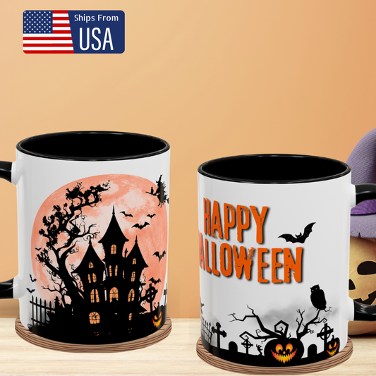 Haunted House, Witch and Bats - Halloween Coffee Mug