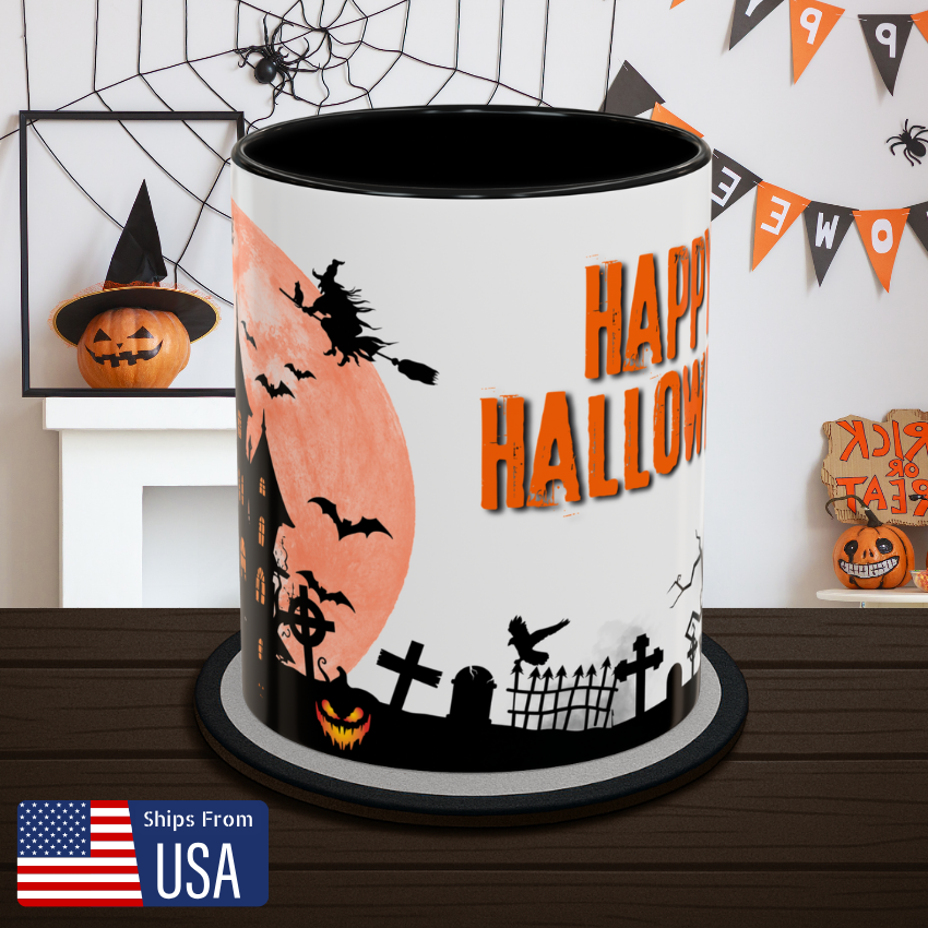 Haunted House, Witch and Bats - Halloween Coffee Mug