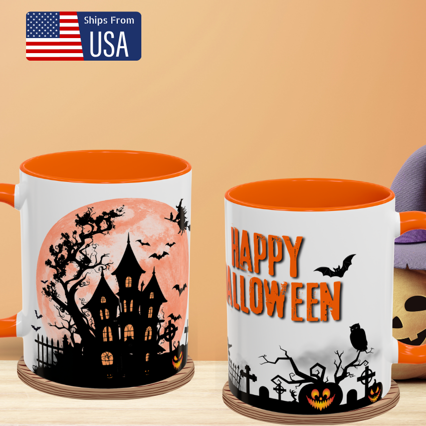 Haunted House, Witch and Bats - Halloween Coffee Mug